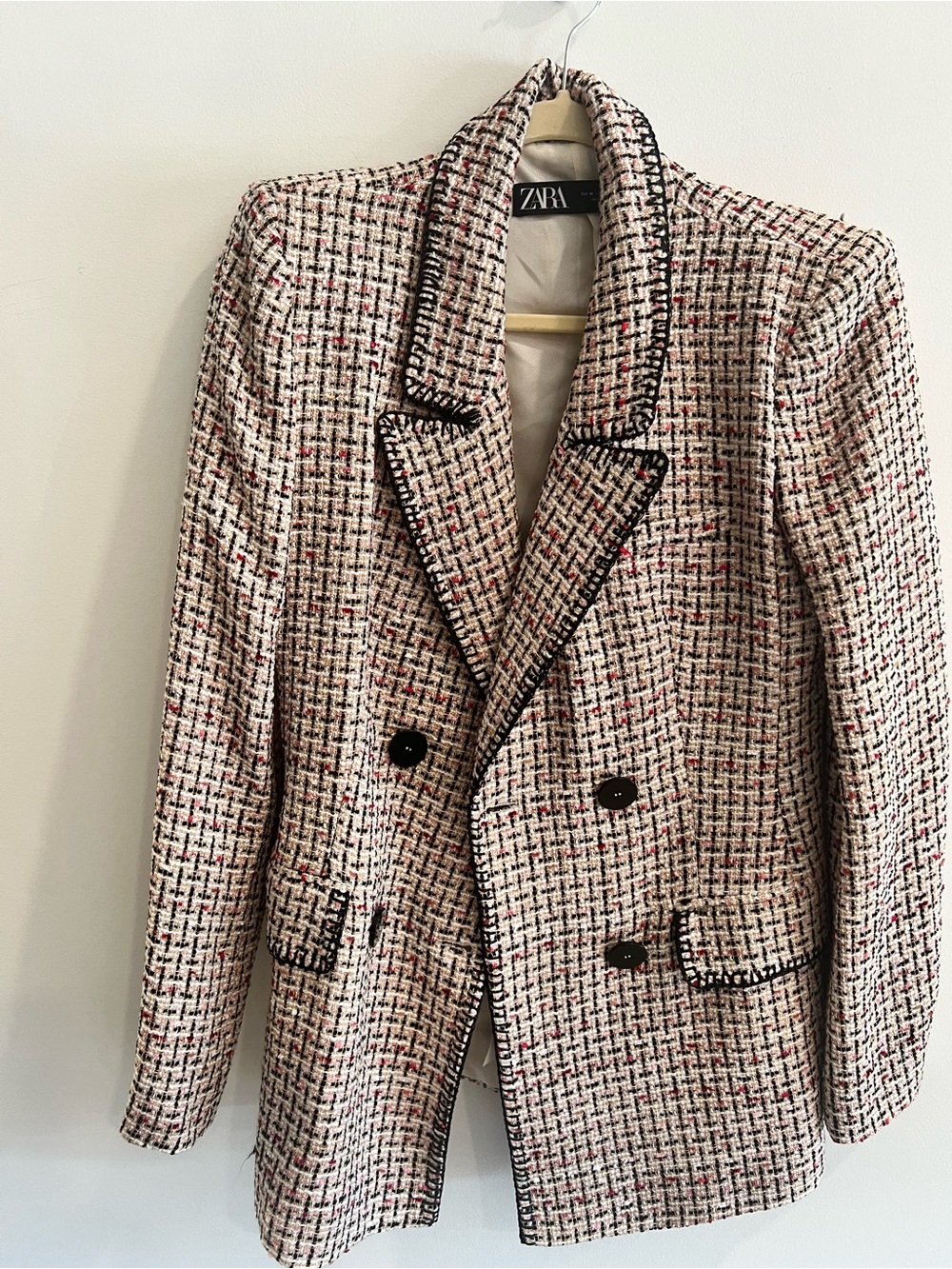 Zara Cream & Black Tweed Double-Breasted Blazer with Red Accents